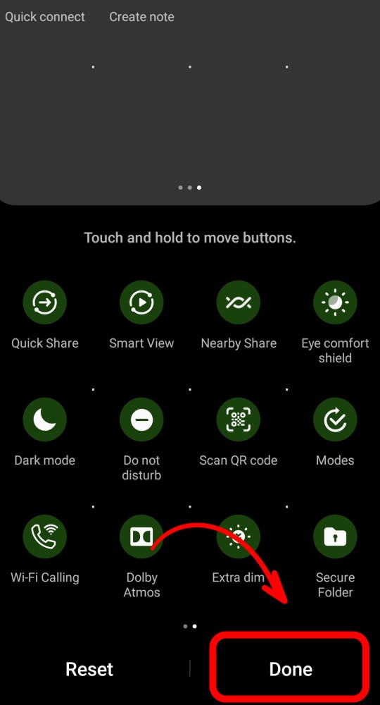 Press 'done' to save setting in Samsung quick panel 