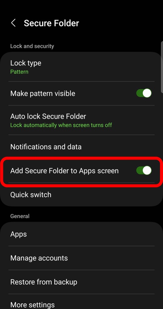 Toggle on the ‘Add Secure Folder to App Screen’