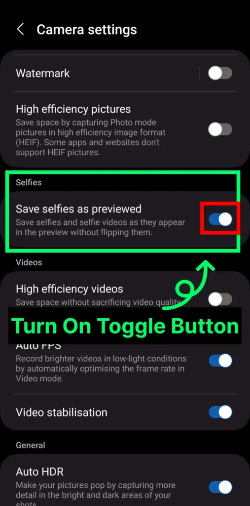 Turn On Save Selfie as previewed 